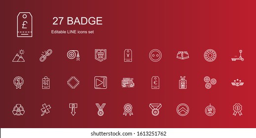 badge icons set. Collection of badge with shield, medal, download, clover, radiation, id card, tag, food truck, next, patch, shorts, button. Editable and scalable badge icons.