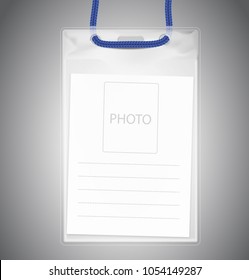 Badge with id card on the lace. Vector illustration isolated on gray background. Ready template to use for for presentations, conferences, design. EPS10.