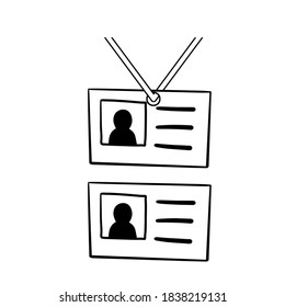 Badge. ID card with photo. Sketch cartoon illustration. Doodle ID and personal information on rope