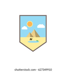 Badge illustration - flat design. Lonely camel in desert, pyramids on the background.