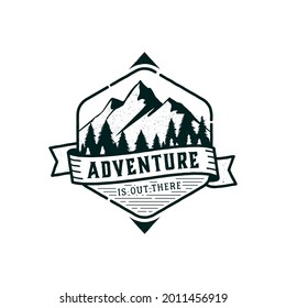 badge illustration with mountain scenery and pine forest background with vintage or grunge theme with white background