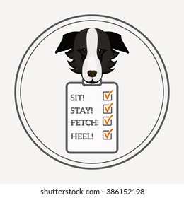 Badge with the image of a dog . Team List for dog training .Sit.Stay. Feetch.Heel.