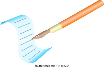 Badge with the image a leaf of a paper and the pen, executed by gradients.