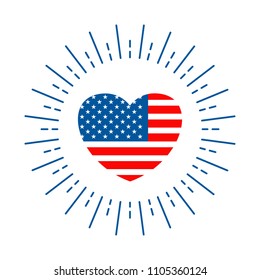 Badge for Independence day of USA, july fourth celebration party. American flag in shape of heart with explosion radial lines. Flat vector cartoon illustration. Objects isolated on a white background.