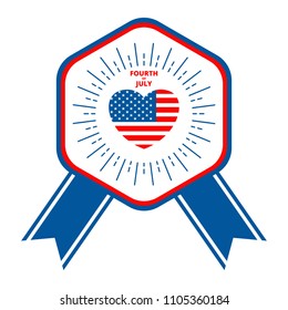Badge for Independence day of USA, july fourth celebration party. American flag in shape of heart with explosion radial lines. Flat vector cartoon illustration. Objects isolated on a white background.