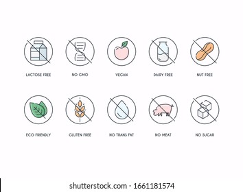 Symbole für die Kennzeichnung von Inhaltsstoffen.  Gluten-, Lactose- und zuckerfreie Etiketten. 