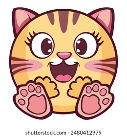 Badge with kitten head, paws Cute kitten, kitten. Red striped funny kitten Kids collection. Sticker print. Flat design. White background. Vector