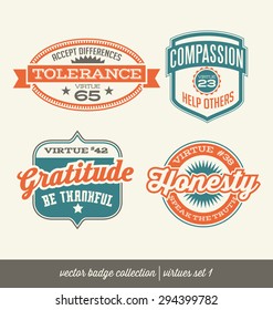 badge label collection with virtues- positive character traits on retro style crests
