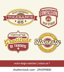 badge label collection with virtues- positive character traits on retro style crests