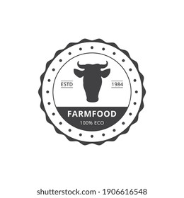 Insignia, etiqueta o elemento de diseño para comprar comida ecológica ecológica fresca. Logo para el paquete de carne de vacuno de primera calidad de la granja con vacas. Ilustración vectorial.