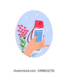 Badge or label design with hand holding reusable container or sports water bottle, flat vector illustration isolated on white background. Water banner or badge design.