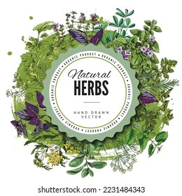 Badge or label design with natural cooking herbs, hand drawn sketch vector illustration on white background. Aromatic culinary and cosmetic herbs with circle frame.