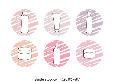 Badge, label, emblem with bottles, spray, dispenser, tube and jars on white background. Vector set of cosmetic containers for cosmetics market, beauty shop, skin care product, personal hygiene product