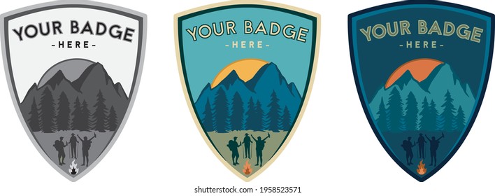 Badge, label, logo, with nomad people in nature, hiking, travelling, laughing, drinking