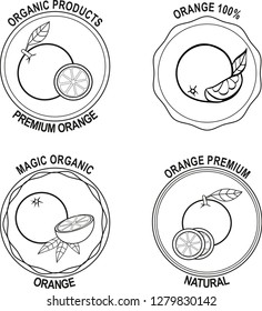 Badge for label or package, orange as icon, set of seals, round lemon symbol, food print form, citrus logo