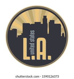 Badge, label or stamp with Los Angeles skyline, vector illustration