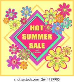 Badge or label typography offer for summer seasonal sale with colorful flowers
