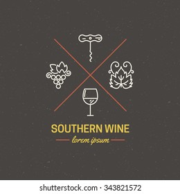 Badge or label for wine and restaurants with winery elements including grape, glass, corckscrew. Perfect wine packaging design.