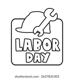 Badge. Labor Day. Safety helmet and wrench. Outline illustration.