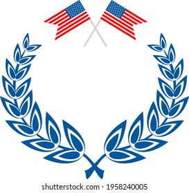 Badge with laurel wreath, logo. Independence day of USA flat vector icon. July fourth celebration party. Objects isolated on a white background.