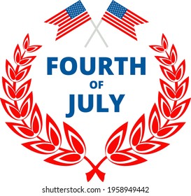 Badge with laurel wreath, logo. Independence day of USA flat vector icon. July fourth celebration party. Objects isolated on a white background.