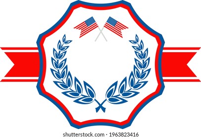 Badge with laurel wreath, logo. Independence day of USA flat vector icon. July fourth celebration party. Objects isolated on a white background.