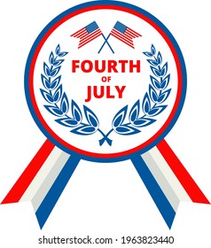 Badge with laurel wreath, logo. Independence day of USA flat vector icon. July fourth celebration party. Objects isolated on a white background.