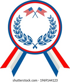 Badge with laurel wreath, logo. Independence day of USA flat vector icon. July fourth celebration party. Objects isolated on a white background.