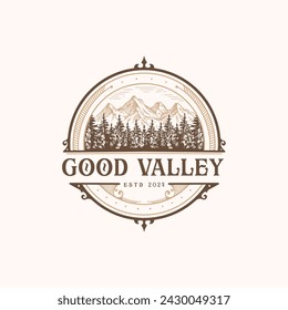 badge logo with the appearance of a high mountain ,hill ,valley with lush pine ,cedar  trees