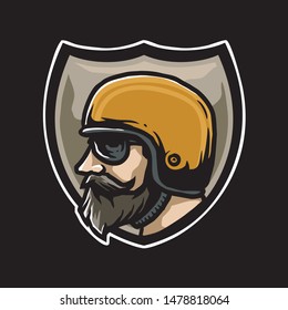 badge logo of bearded man with classic helmet