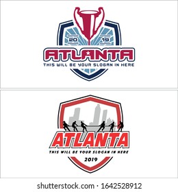 Badge logo with blue navy red shield trophy skyline star and silhouette woman man tug of war vector suitable for games recreational sport club athletic