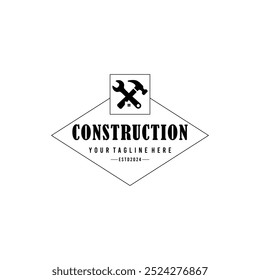 Logotipo de la insignia para la industria de servicios de construcción, contratista, martillo y símbolo de la llave inglesa