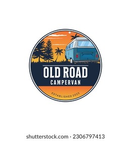 Badge logo with campervan vehicle for camping adventure