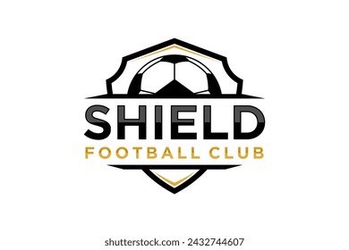 Badge logo in the form of a shield, soccer sports team label illustration.