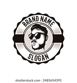badge logo of handsome glasses man with simple classic vintage art line style