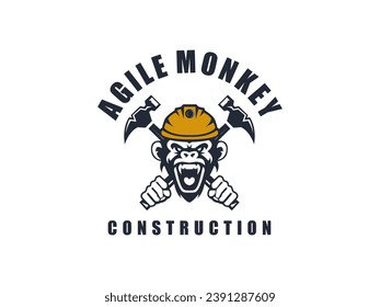 Logo de la insignia de un personaje de mono con casco que lleva un martillo para la construcción