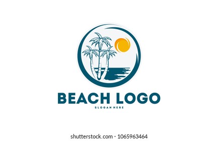 Badge logo of Palm Tree With ocean wave logo template vector, Travel logo template, Beach icon