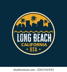 Badge of Long Beach California for logo, Stickers vector illustration with silhouette building of palm trees and ocean sunset
