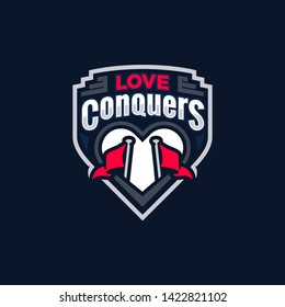 badge love conquers, flags and heart logo