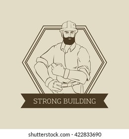 Badge with man builder Hipster worker vector logo design