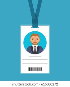 Badge  of the man with a tie of the blonde in cartoon flat style.Identification card for man.ID card with man photo. Plastic identification card