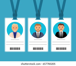 Badge of man with a tie of blonde in cartoon flat .Identification card for man.ID card with man photo.The businessman in a business suit in a jacket and a tie. Plastic identification card characters.