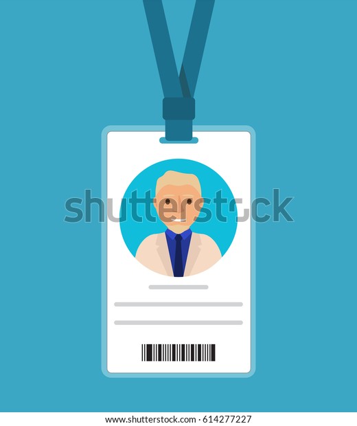 Badge of the man with a tie of the blonde in cartoon\
flat .Identification card for man.ID card with man photo.The\
businessman in a business suit in a jacket and a tie. Plastic\
identification card 