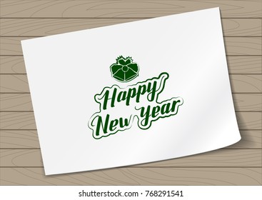 Badge Merry Christmas and Happy New Year with Hand Drawn Lettering and Bells Icon on A4 Sheet Paper on Wooden Background. Green Logo Emblem Vector Illustration.