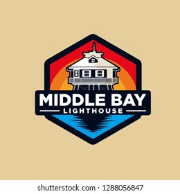 Badge Middle bay Lighthouse Logo design inspiration vector, Vector graphic print for t shirt and other uses. - Vector