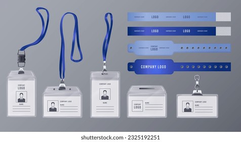 Burla de insignias. Etiqueta de acceso realista de la empresa con nombre y foto. Cordón Lanyard. Tarjeta de acreditación del festival o pulsera para el empleado. Tarjeta de identificación. Conjunto de objetos 3D de diseño exacto de vector