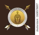 The badge model logo depicts a shield and arrows with a Roman helmet symbol. Made with a 3D style and a gradient shade of metal silver and gold.