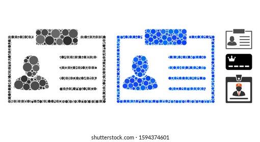Badge mosaic of spheric dots in different sizes and color tinges, based on badge icon. Vector dots are combined into blue mosaic. Dotted badge icon in usual and blue versions.