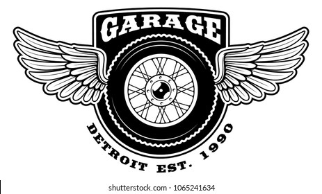 Badge of motorcycle with wings on white background. Text is on the separate group.
