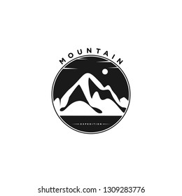 BADGE MOUNTAIN ADVENTURE LOGO. HIKING OUTDOOR DESIGN.